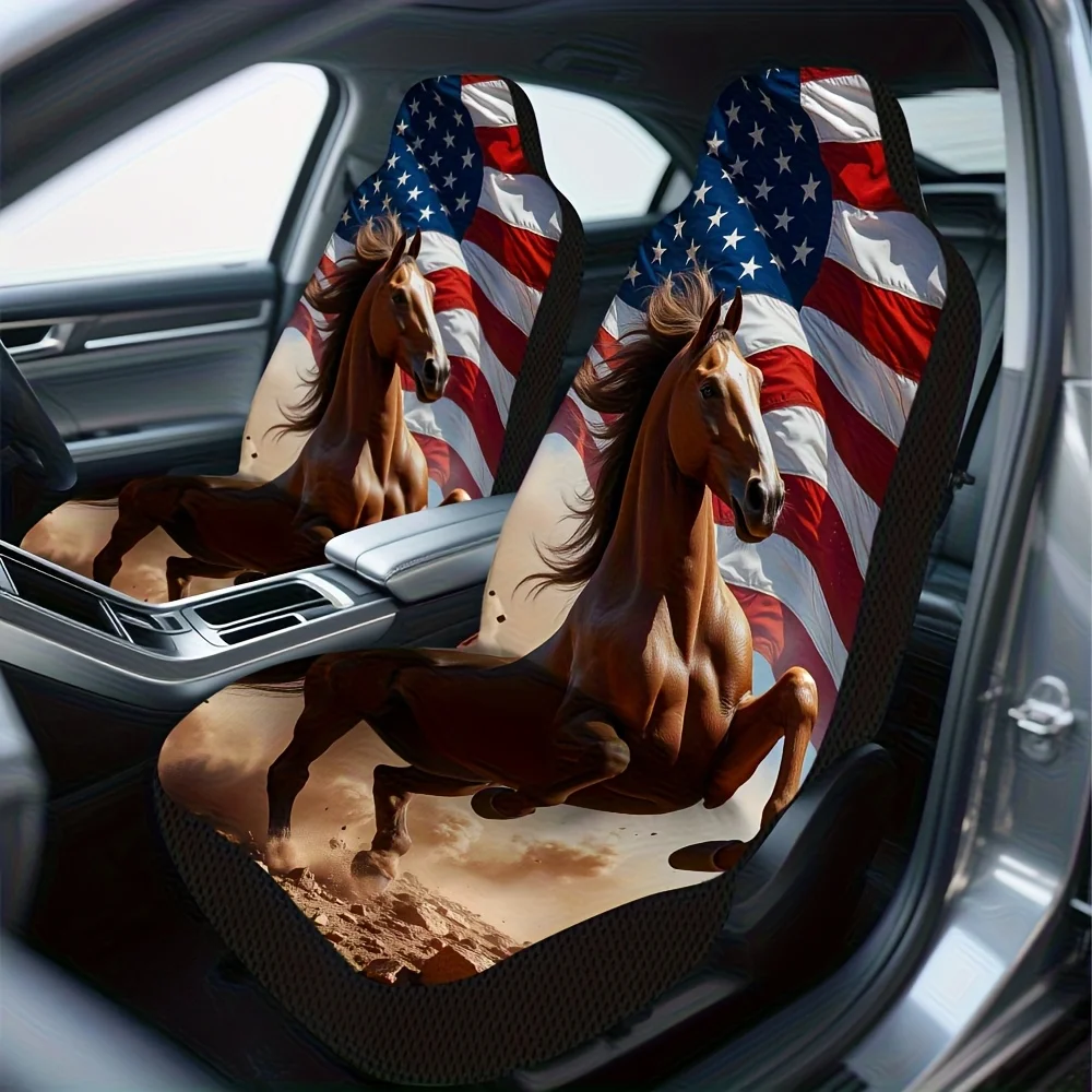 2pcs, Galloping Horse USA Flag Design Front Seat Covers, Designed For Driver And Passenger Front Seats, Helps Maintain Original