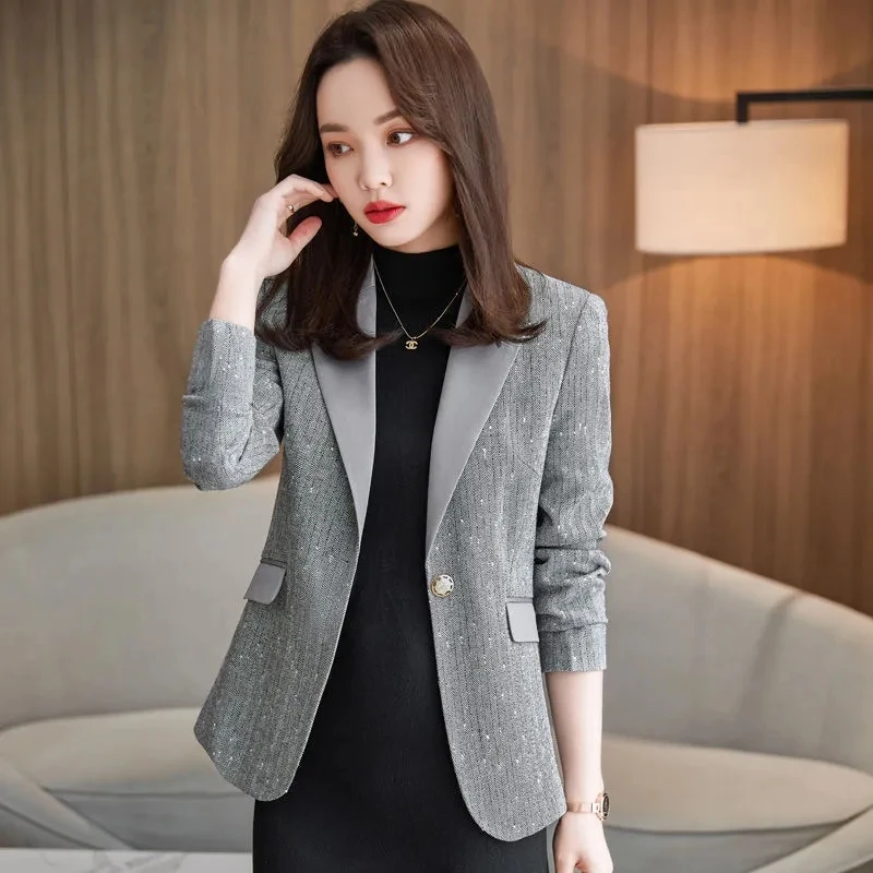 New Blazer Jacket women Notched Single Button Blazer Office Lady Business Suit Jackets Female Clothes Outerwear Casual Tops