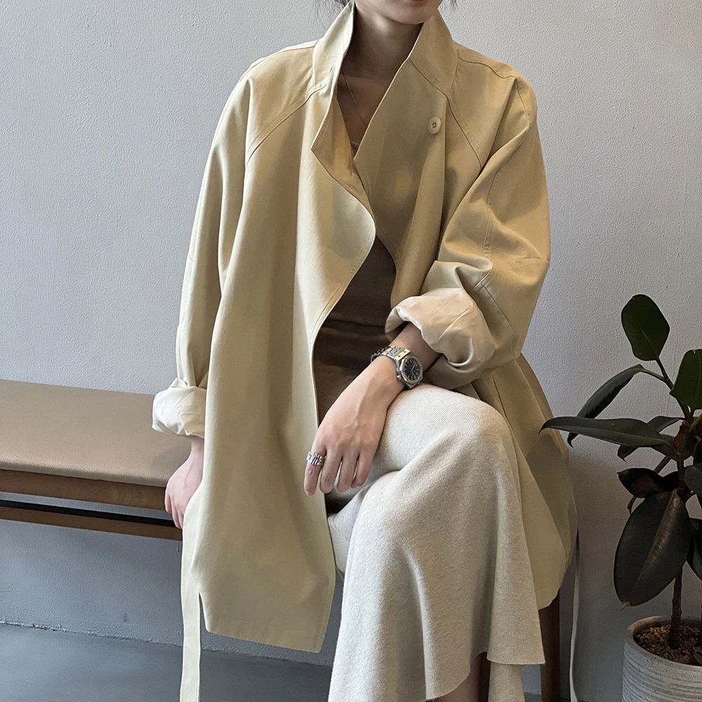 2024 Women Autumn Khaki Trench Coat Stand Collar Women Loose Style Coat With Belt Casaco Feminino New Trench Femme