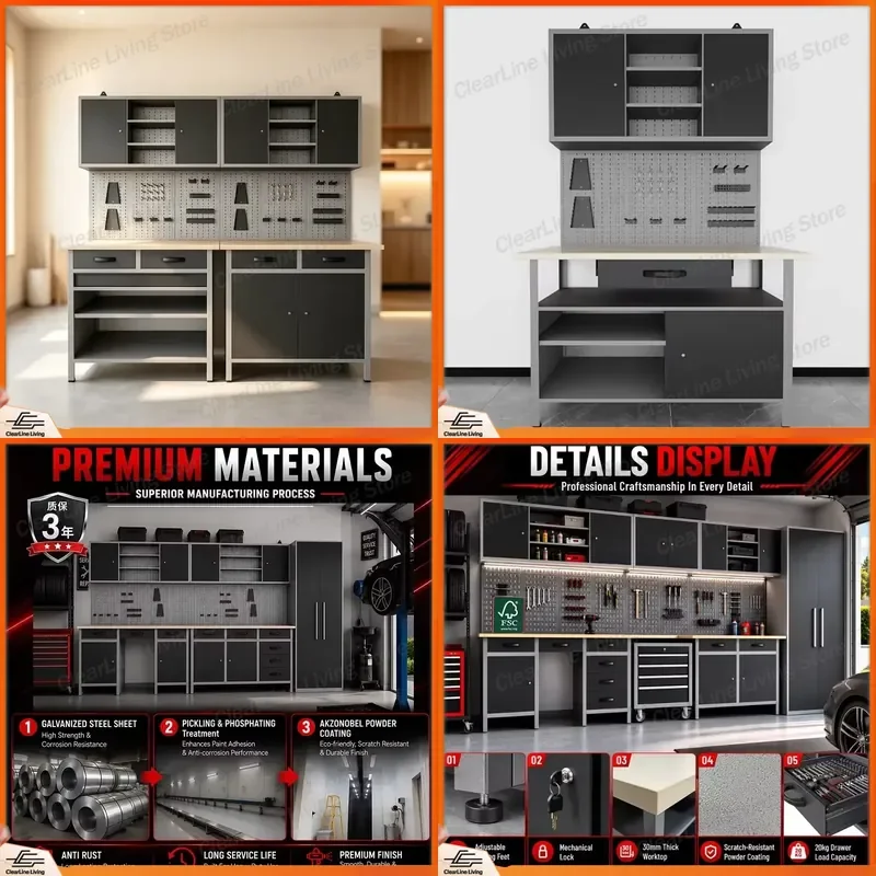 Heavy Duty Modular Garage Storage System Professional Steel Workshop Workbench Cabinet Set With Pegboard Tool Organizer