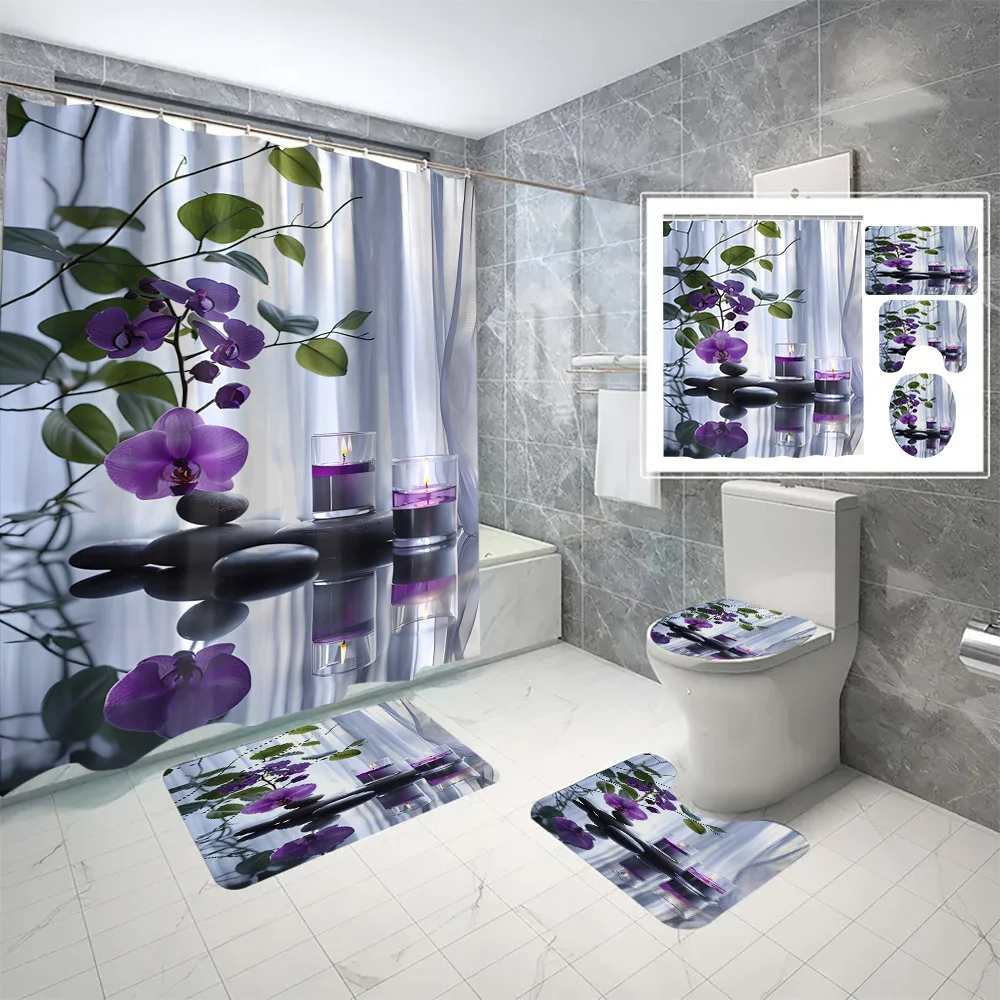 

4-piece set of purple candle digital print bathroom decoration, shower curtain, non-slip mat, toilet seat mat, U-shaped mat