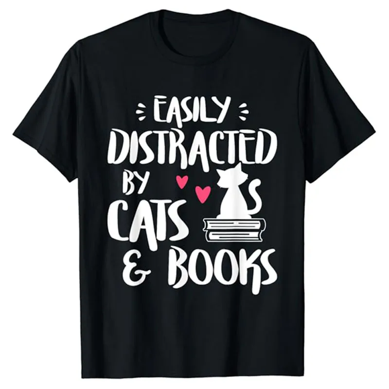 

Easily Distracted By Cats and Books - Cat & Book Lover,Short Sleeve T-Shirt Kitty Lover Reader Saying Tee Tops Graphic Outfits