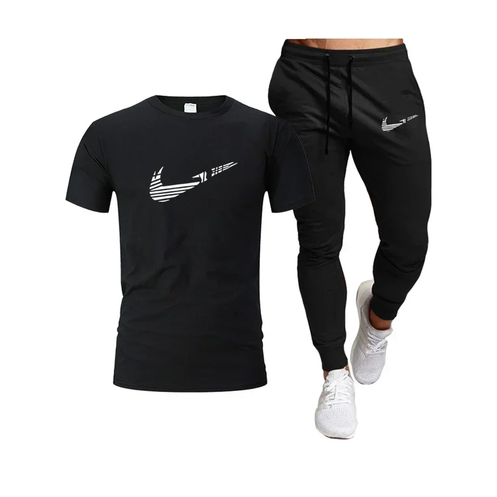 เสื้อยืดผ้าฝ้ายแท้สำหรับผู้ชายเล่นกีฬาฤดูร้อนปี 2025 + กางเกงขายาวบาง ชุด 2 ชิ้น ระบายอากาศและแห้งเร็ว