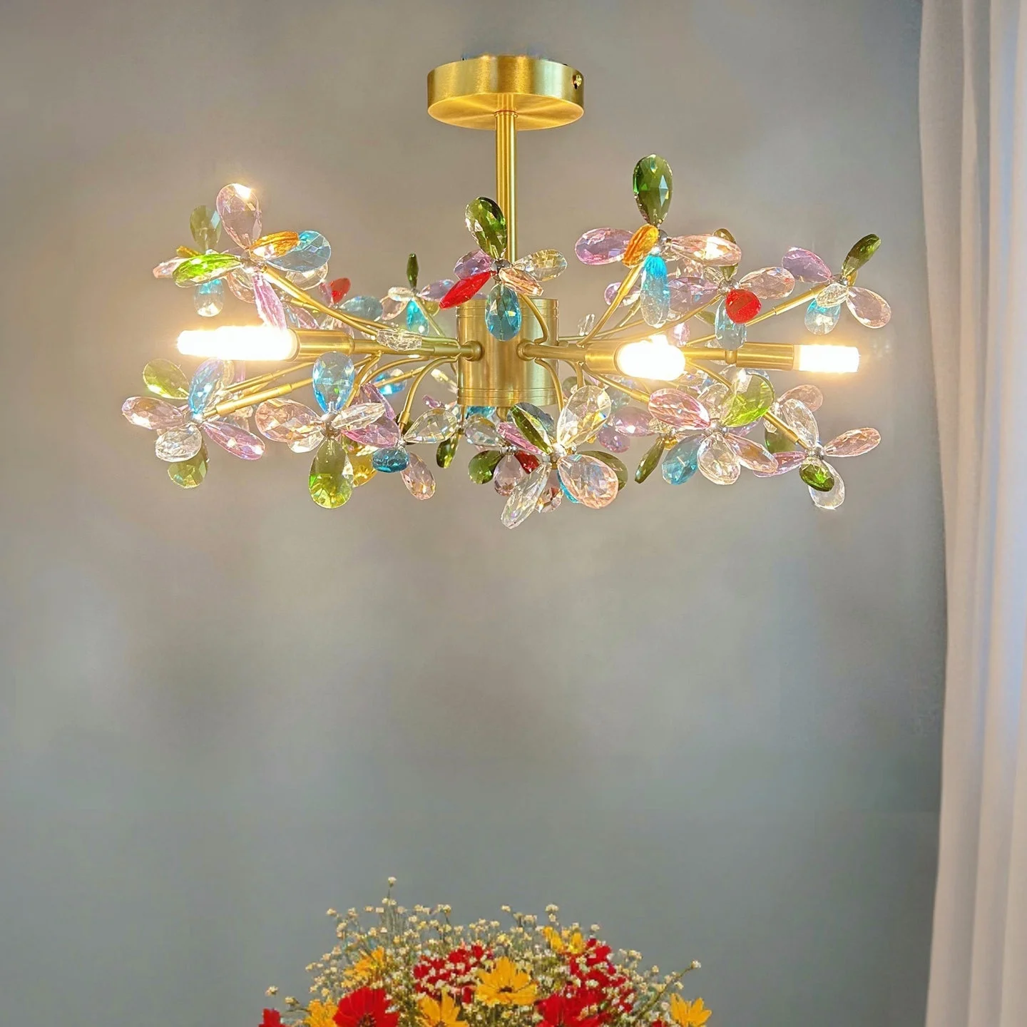 Luxury French Colorful Colored Crystal Flower Pendant Ceiling Light Romantic Living Room Dining Room