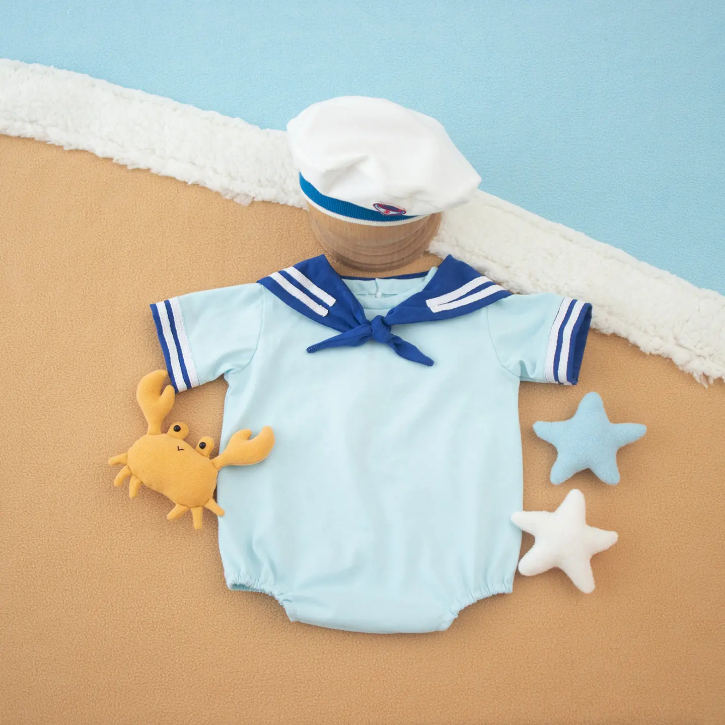 ❤️Newborn Photography Accessories Hat+Jumpsuit+Shawl+Lifebuoy+Starfish*3+Fish+Crab+Cuttlefish+Boat+Backdrop Baby Photo Props