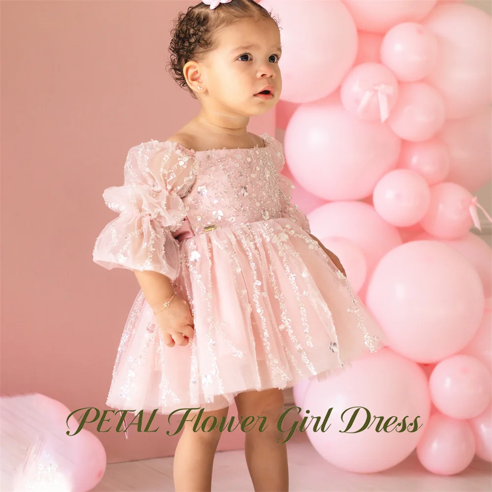 Petal Satin Bow At Back First Communion Gown Square Neck Girls Princess Dress Pink Evening Party Dress for Girls Customized