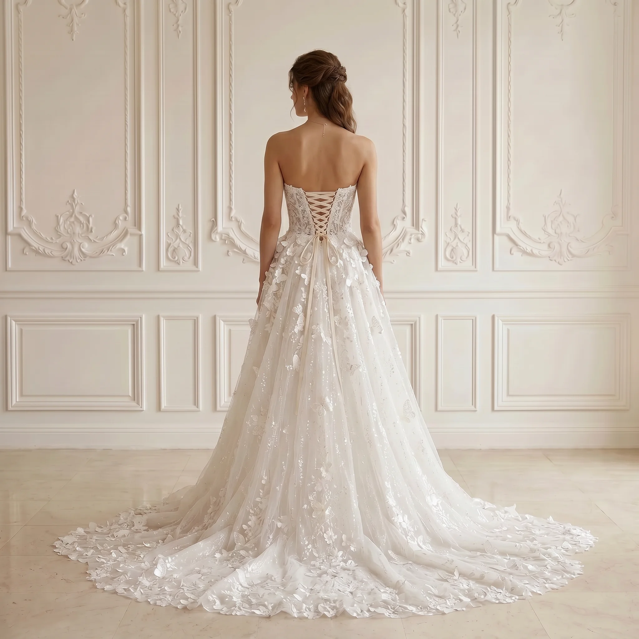 Strapless Sweetheart Ball Gown Wedding Dress 3D Floral Butterfly Lace Corset Back Glitter Tulle Chapel Train Bridal Gown