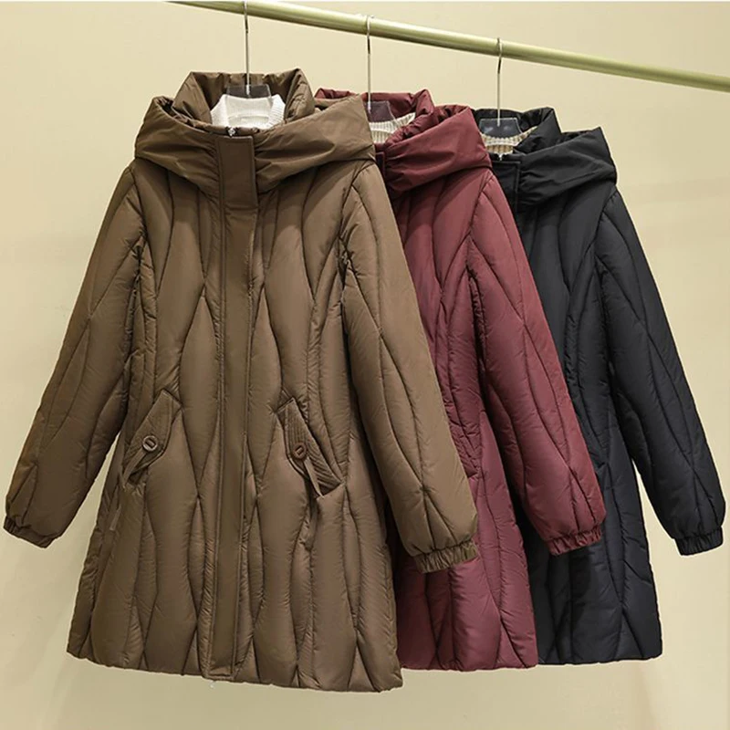 Women Burgundy Hooded Padded Down cotton jacket Mid Length Quilted Zip Up Elastic Cuff Loose Warm Winter Parka Outerwear
