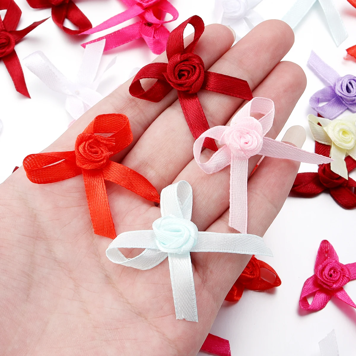 50Pcs/lot Satin Ribbon Bow Colourful Cute Small Bow With Rose Flower DIY Crafts Wedding Hair Accessories Decoration Supplies