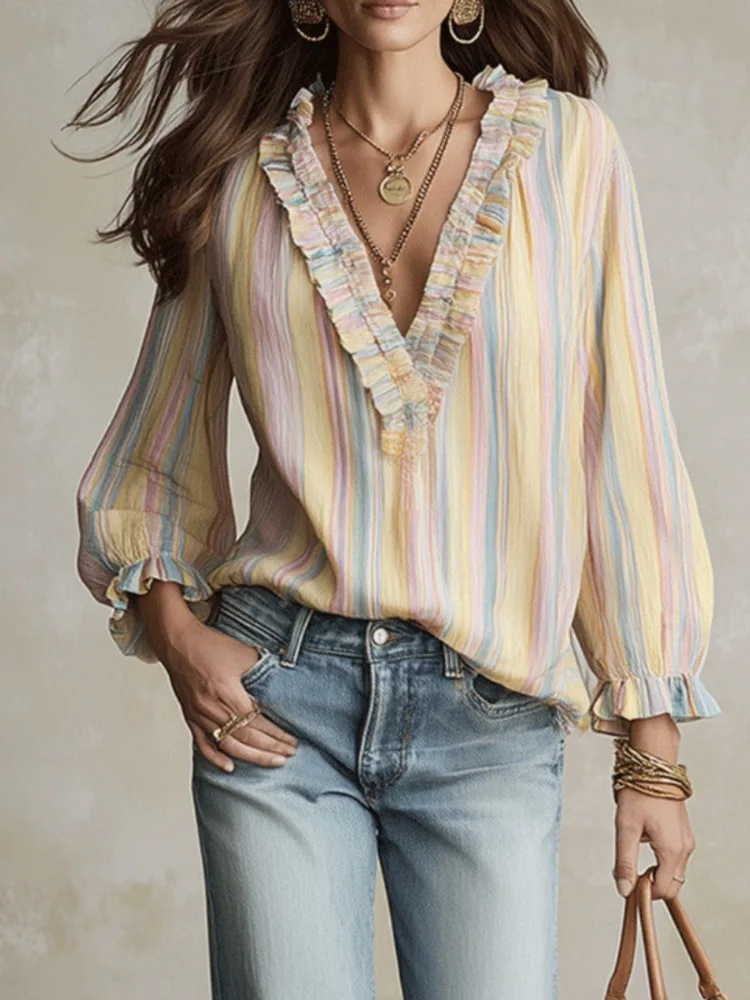 Yeezzi Women's Boho Contrast Color Striped Ruffled Trim Deep V-Neck Blouse Tops Puff Sleeves Loose Casual Going Out T-Shirt