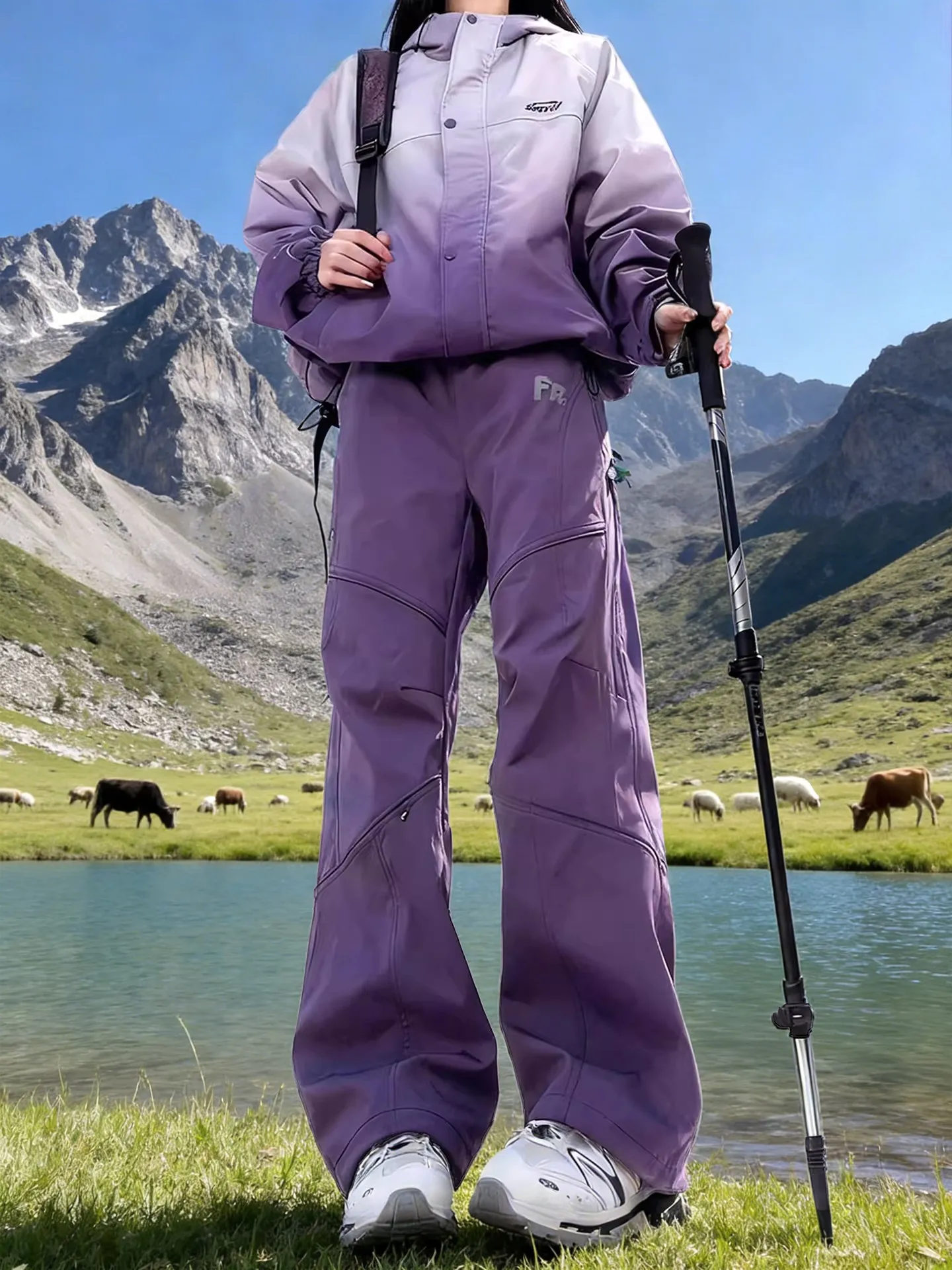 Purple American Soft  Fleece Lined Jacket Pants Men Women Autumn Winter Outdoor Hiking Mountain Climbing Workwear Trousers