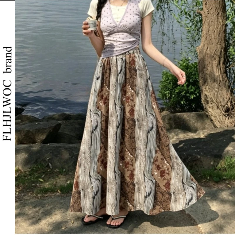 Holiday Women Bohemian Ethnic Printed Retro Vintage High Waist A Line Skirts FLHJLWOC Casual Beach Vacation Midi Maxi Skirt