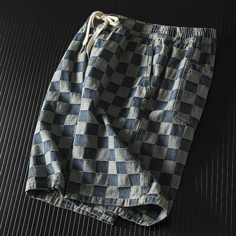 Trendy Brand Fashion Summer New Men\'s Elastic Waist Chessboard Grid Drawstring Pockets Young Style Loose Straight Casual Shorts