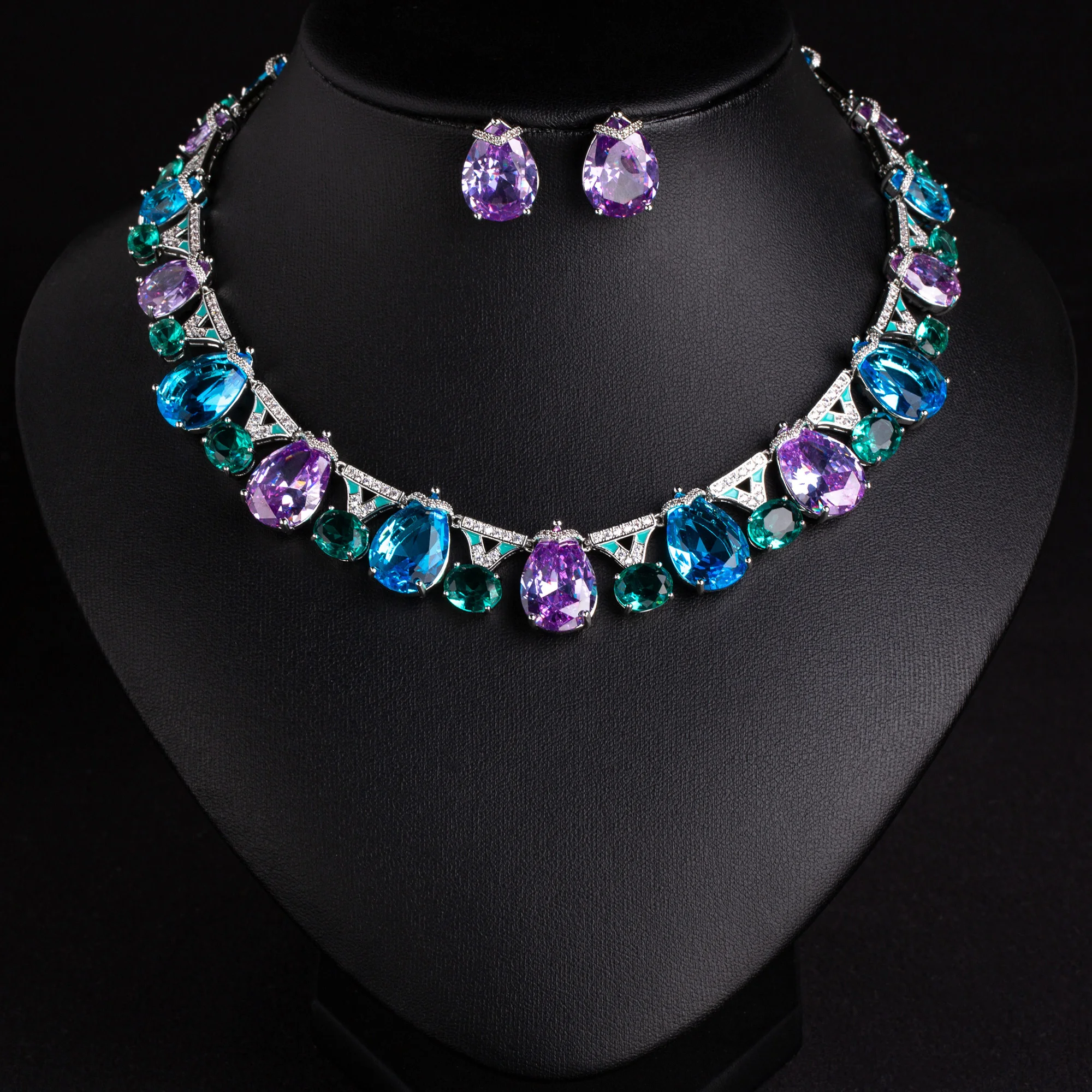 Light Luxury New Heartbeat Shiny Color Droplet Necklace Earring Set Women's Jewelry Wedding Bridal Travel Daily Gift M-1073