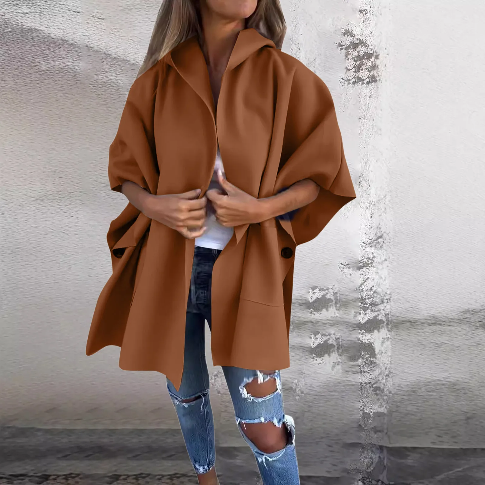 Women Autumn Winter Windbreak Fashion Solid Color Lapel Casual Hooded Loose Cape Shawl Coat French Temperament Casual Clothing