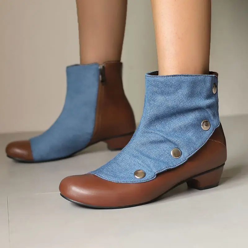 

Girseaby Fashion Women's Ankle Boots Round Toe 3.5cm Mid Heel Fabric Material Rivets Mixed Color Big Size 44-48 Daily Style