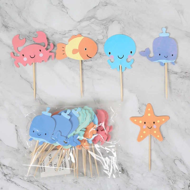 24szt Ocean Animal Cupcake Toppers Under The Sea Birthday Party Cake Decorations Baby Shower Girls Mermaid Themed Party Supplies