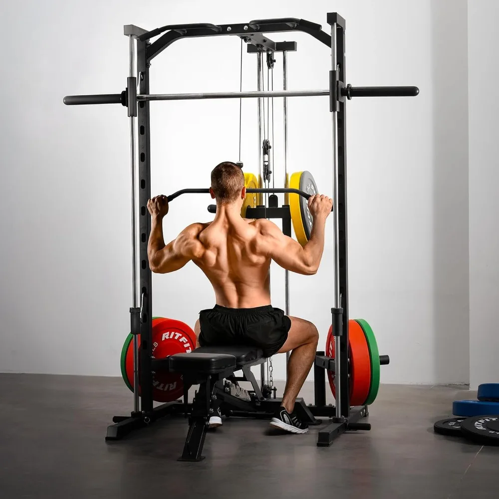 Smith Machine Power Rack con sistema LAT-Pull Down, Landmine, barra de pesas, clavijas de almacenamiento de placas y más accesorios de entrenamiento