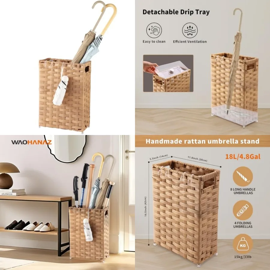 

Rattan Umbrella Stand, Umbrella Holder for Entryway, Hand Woven Umbrella Rack Organizer Freestanding, with a Detachable Drip Tr