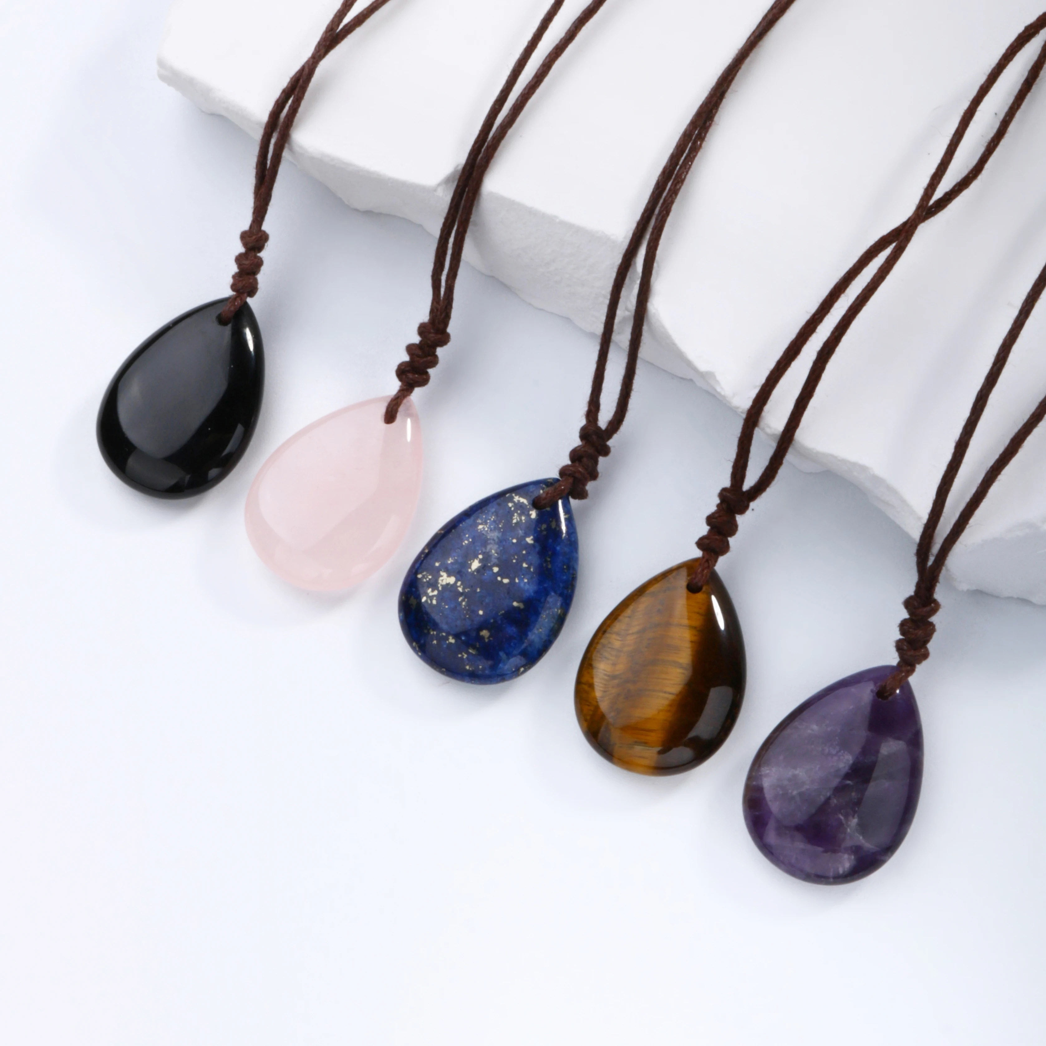 

1PC Fashion Adjustable Natural Stone Water Drop Pendant Necklace for Men Women Tiger Eye Stone Necklace Man Jewelry
