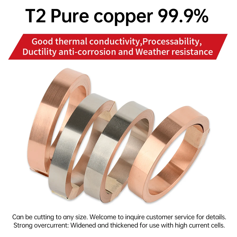 T2 Pure Copper Strip/Nickel Plated Copper Strip 5M 10M for 18650 26650 21700 Lithium Battery Pack Spot Welding Strip 0.15mm/0.2m