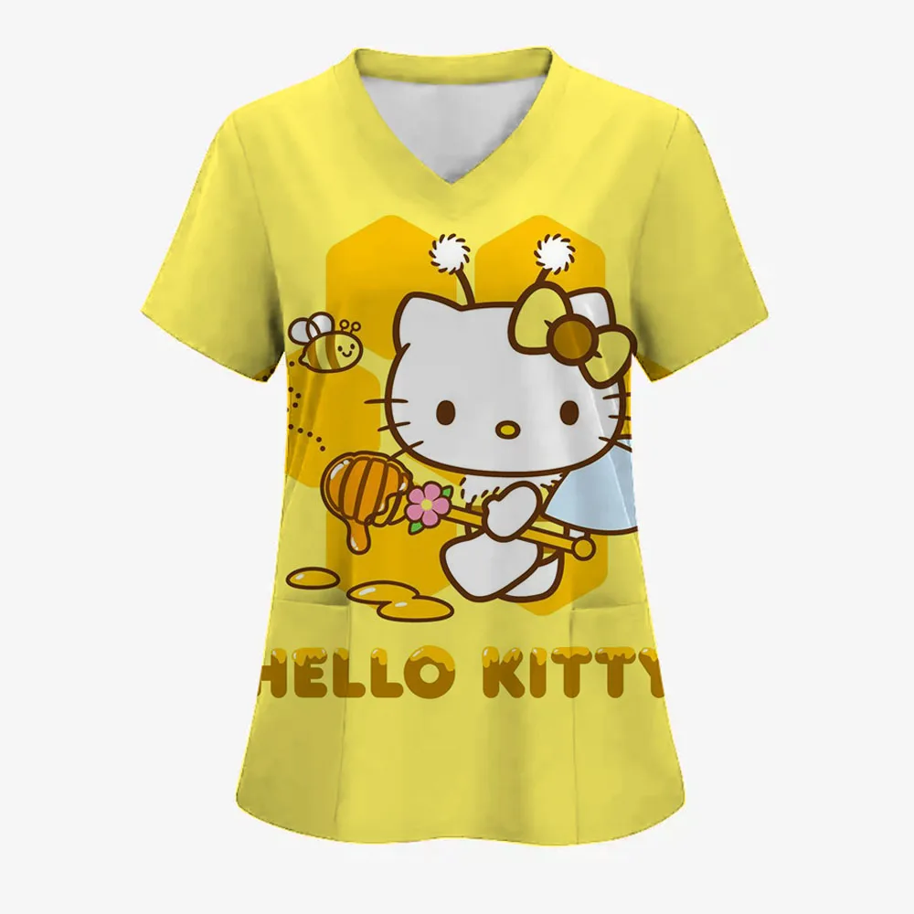 

Christmas Nurse Uniform Scrubs Womens Cartoon Hello Kitty Print Short Sleeve Pocket Overalls Uniforms Medical Nursing Clothes