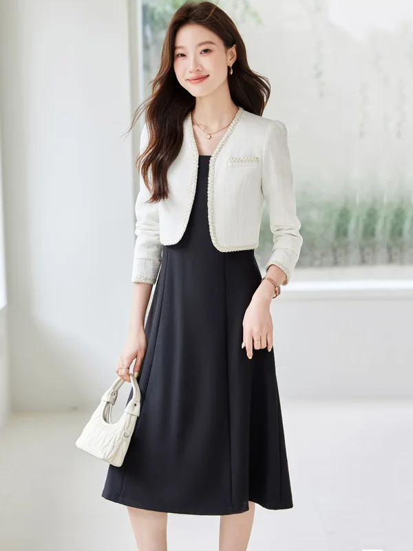 

Elegant Short Suit Jacket Women's Fashion Autumn Dress A-Line Sleeveless Vest Top Midi Skirt Two-Piece Set Business Office Wear