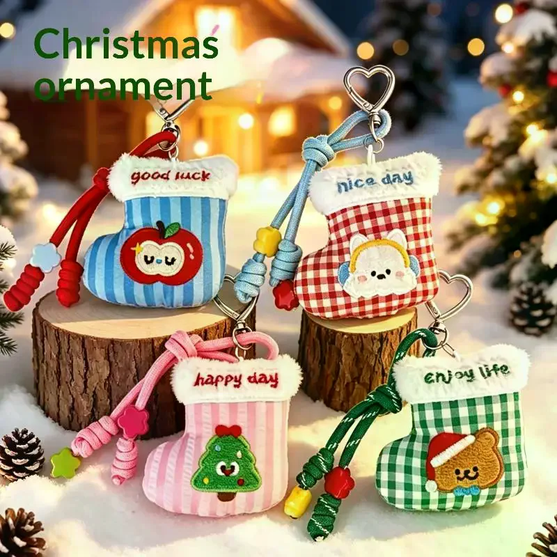 Cute Christmas Sock Keychain Cartoon Embroidery Animal Xmas Charms Bag Pendant For Backpack Christmas Tree Decor Gifts
