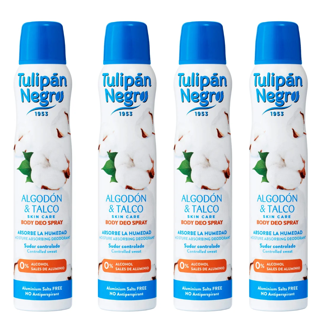 Pack 4 Desodorantes Spray Algodón y Talco 200 ml | Protección eficaz contra el sudor | Fragancia suave y delicada | Cuida y protege la piel | Ideal para uso diario TULIPAN NEGRO LOS MEJORES PRODUCTOS VIRALES CON AROMAS DULCES