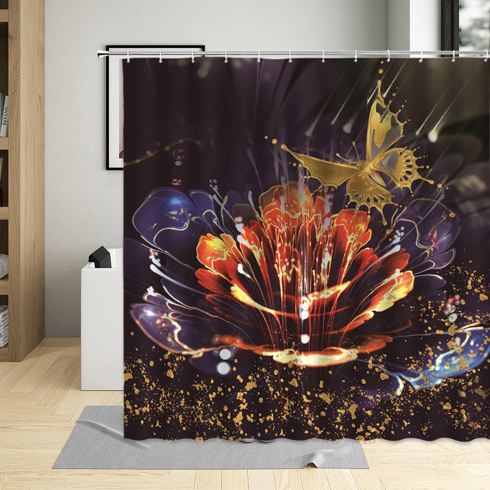

Black Floral Shower Curtain Colorful Flower Leaf Plant Art Pattern Waterproof Fabric Bath Curtains Bathroom Home Decor Screens