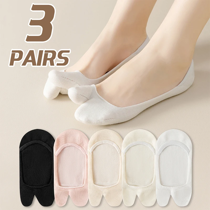 

3 пары женских хлопковых летних однотонных простых силиконовых противоскользящих невидимых носков с двумя пальцами в студенческом стиле весна-осенью