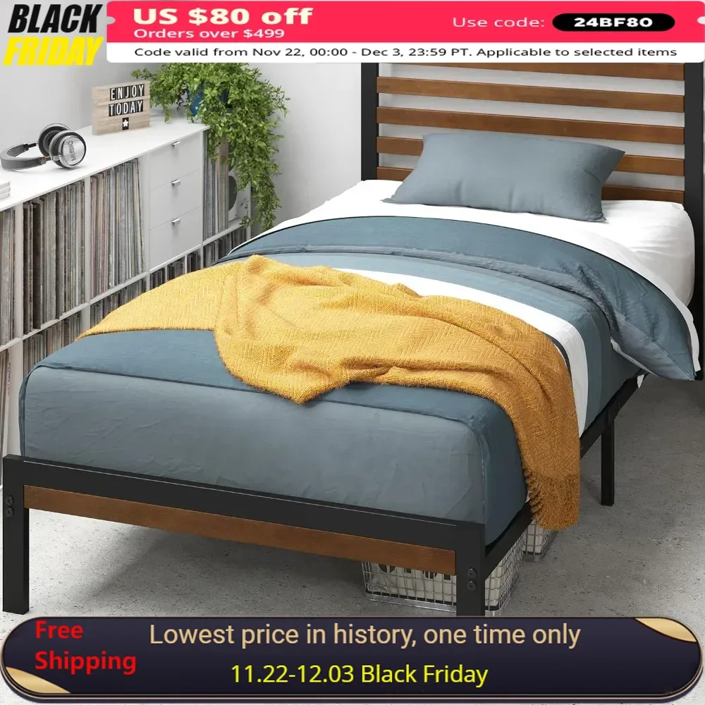 

Metal Single Bed Frame with Headboard, No Springs Required, Easy To Assemble, Double Bed Frame, Bamboo Platform Beds Frames