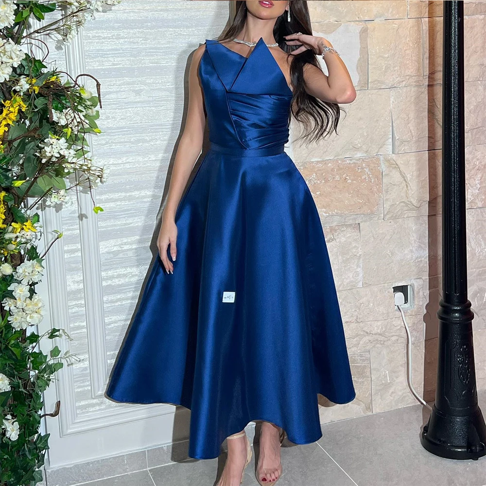 

Customized Modern A-Line Ankle Length Strapless Jersey Sleeveless Pleats Evening Dress Elegant Photo Color vestidos para mujer