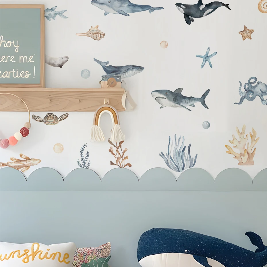 Cartoon Sharks Wall Decals Ocean Animal Wall Sticker Under The Sea Marine Life Theme Decals Nursery Kids Room Decor