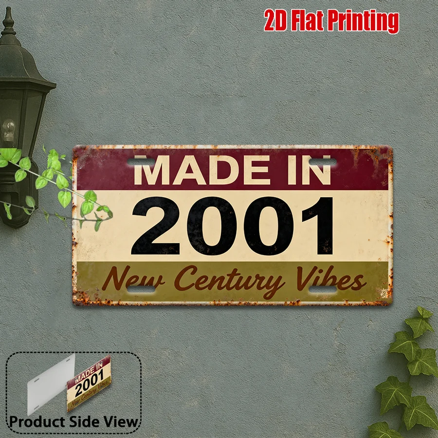 Made in 2001 New Century Vibes 2D Flat Printing License Plate Style Metal Tin Sign, Retro Nostalgic Themed Decorative Aluminum S