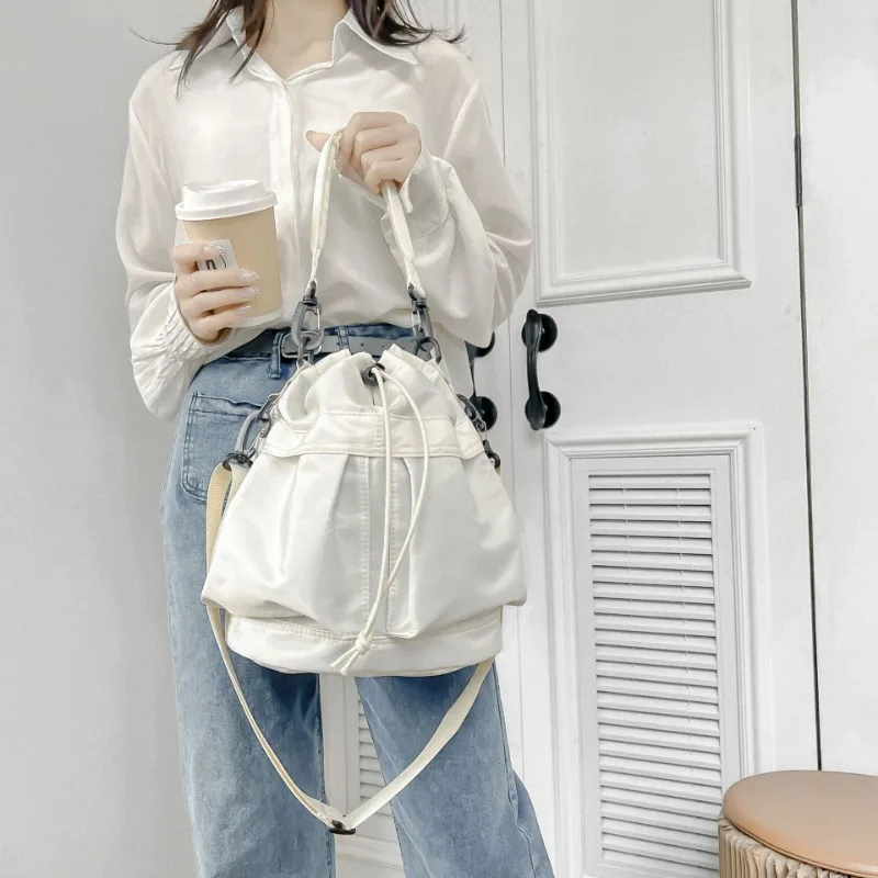 Casual Shoulder Bag Large Capacity Nylon Bucket Bag Perfect for Casual Shopping Swimming Fitness Drawstring Crossbody Handbag
