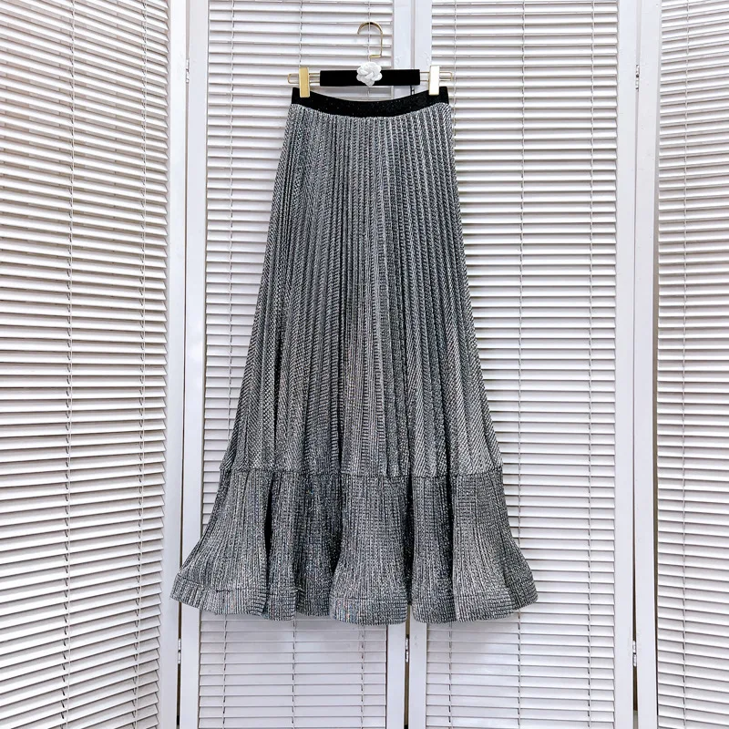 French Elegant High-End Bling Pleated Skirts Elastic High Waist A-Line Versatile Casual Temperament Long Skirt Women Summer 2025