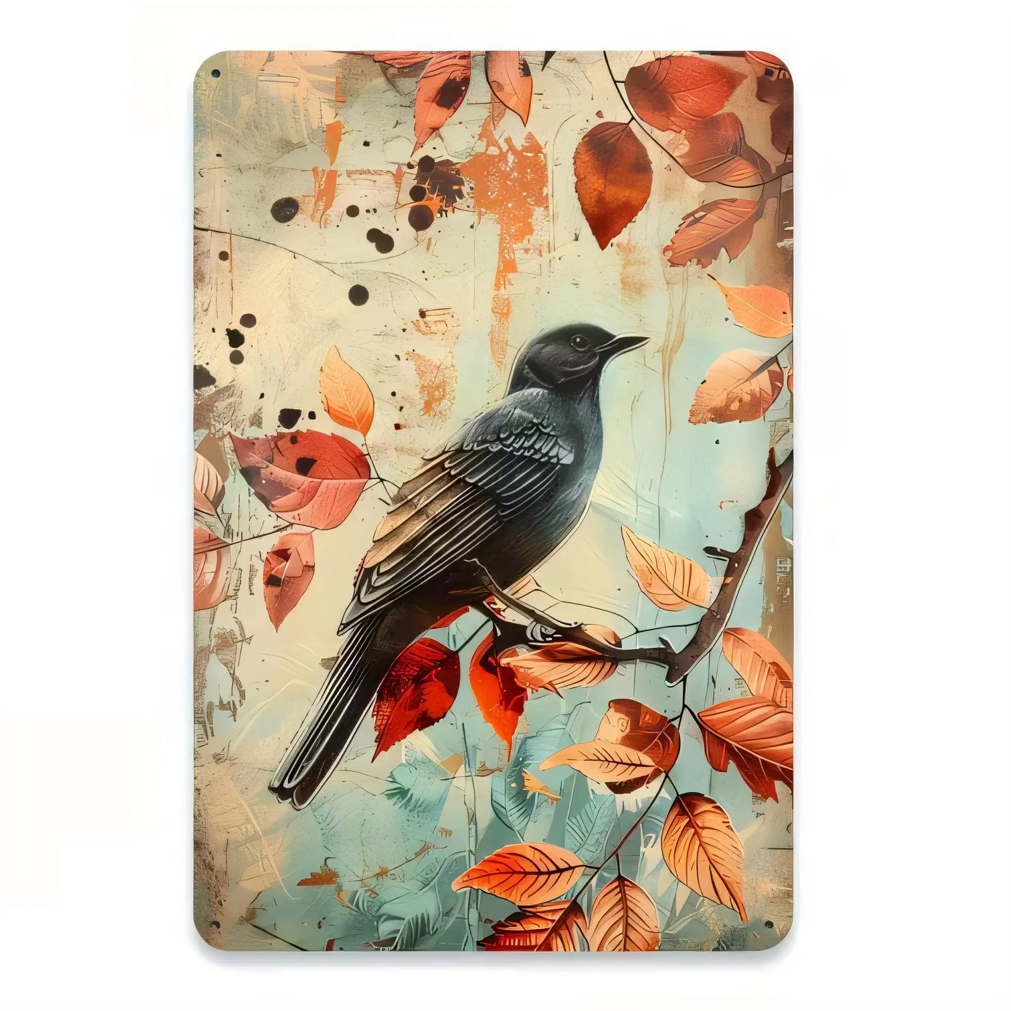 Vintage Bird Tin Sign, Colorful Retro Feathers Wall Decor Metal Plate, Abstract Autumn Leaves Print Cottage Farmhouse Rustic Hom
