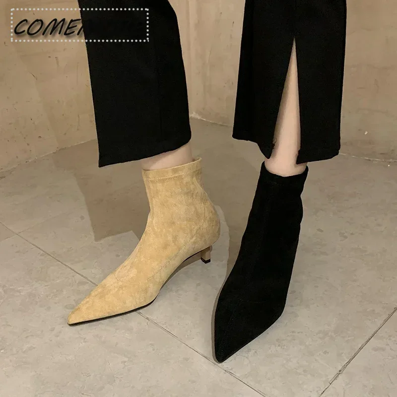 Stivaletti da donna in pelle scamosciata scarpe con tacco a punta 2025 New Fashion Chelsea Boots autunno inverno Designer Dress Pumps Snow Botas