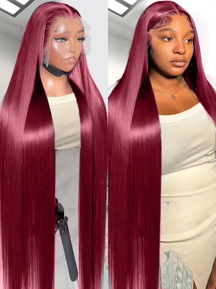 

13x4 HD Transparent Lace 99J Burgundy Colored 250 Desnity Straight Full Frontal Front Human Hair Wigs 34 Inches