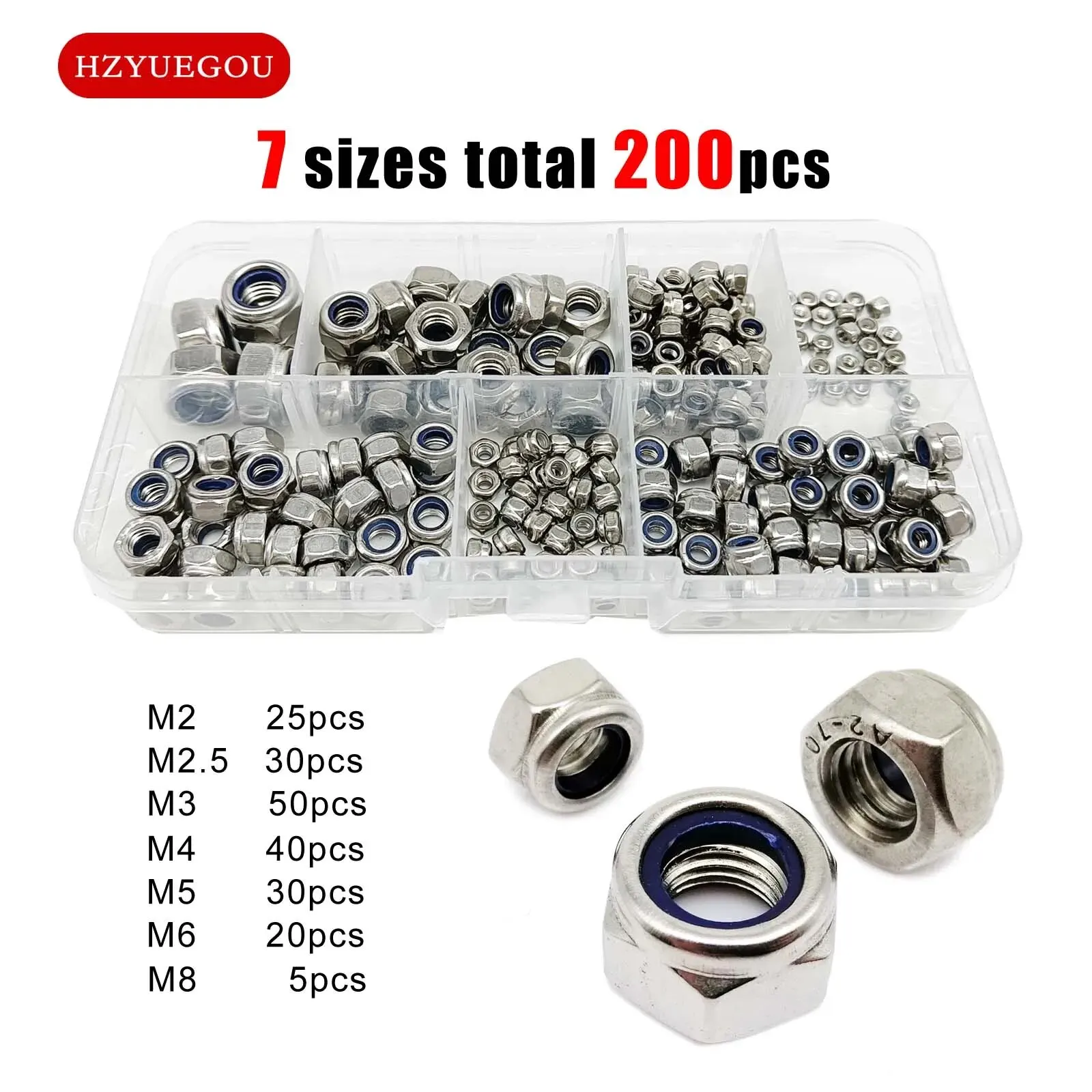 200pcs DIN985 Hex Nylon Insert Self Lock Nut Nylock Locknut Assortment Kit Set M2 M2.5 M3 M4 M5 M6 M8 304 A2-70 Stainless Steel