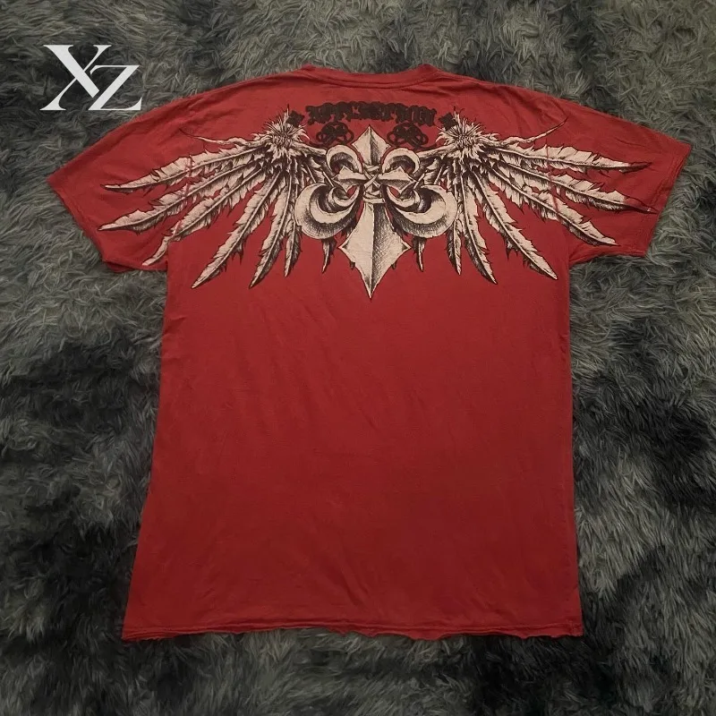 Affliction Red Short-Sleeve Men's Y2K Simple Retro Trend Casual T-Shirt American High Street Individuality Summer Tops Tees
