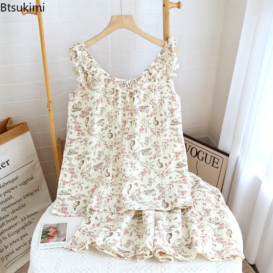 Women's Summer Pajama Short Sets Homewear Sleeveless Homewear Suit 100% Cotton Thin Loose Ruffles Can Be Worn Outside Sleepwear