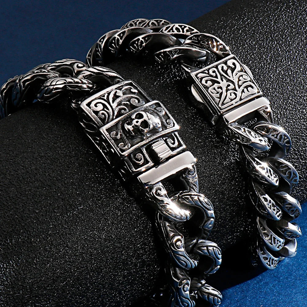13mm Punk Retro Black Leaf Pattern Cuban Curb Chain Bracelet Men Women Hiphop Stainless Steel Skull Biker Bike Bangle Jewelry