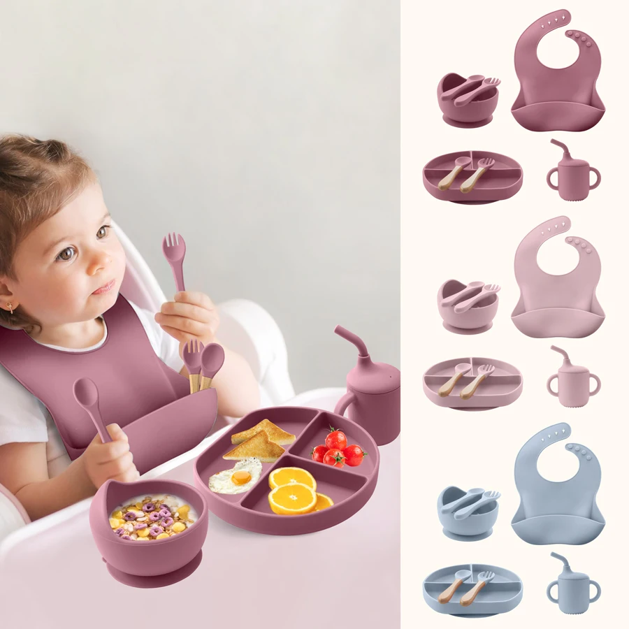 Mamaplan 8Pcs Baby Food Feeding Set Sucker Bowl Dishes Plate Dinnerware For Children Dishes Baby Bib Cup Tableware Baby Stuff