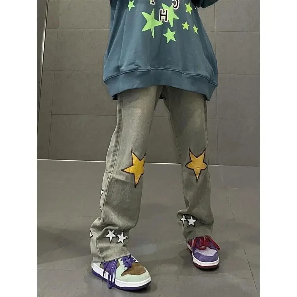 

2025 Autumn New Hip-hop Street Women Jeans High Waist Loose Straight Wide-leg Pants Ins Star Pattern Girls Trousers Streetwear