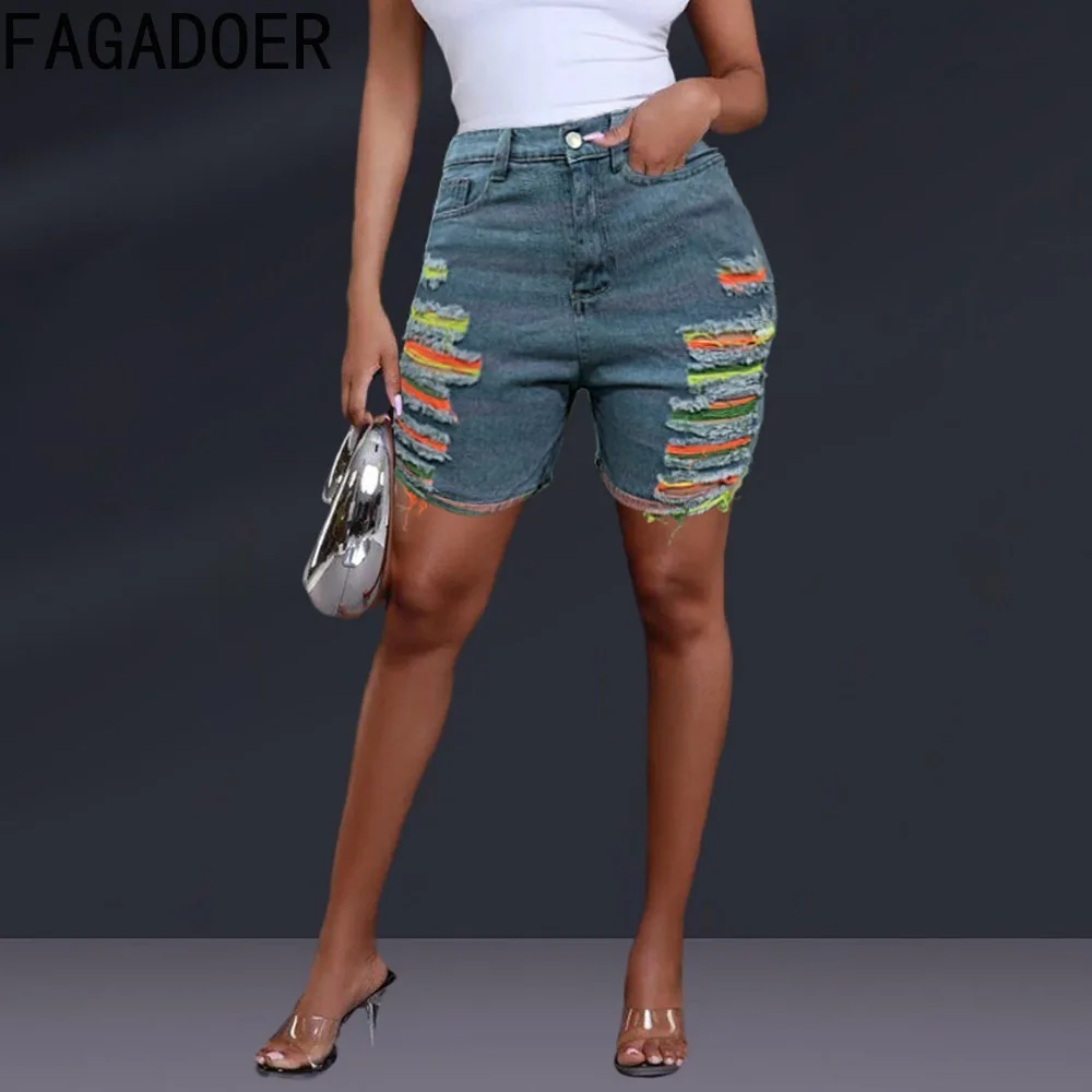 FAGADOER Summer New Hole Tassels Denim Shorts Women High Waisted Button Pocket Skinny Shorts Fashion Female Cowboy Bottoms 2024