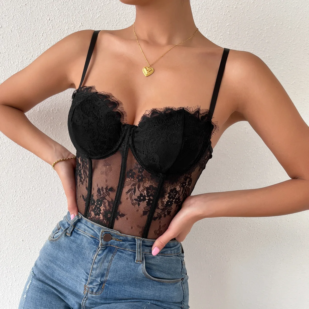 2024 Women\'s New Semi Transparent  Spice Girl Sexy Black Eyelash Lace See-through Fishbone Slimming Halter Vest Bustier Camisole