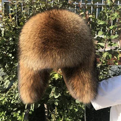 2024 Cap 100% Raccoon Hat Full Fur Fox Hat Men's Fur Ear Protetion Winter Thickened and Warm Russian Caps For Men