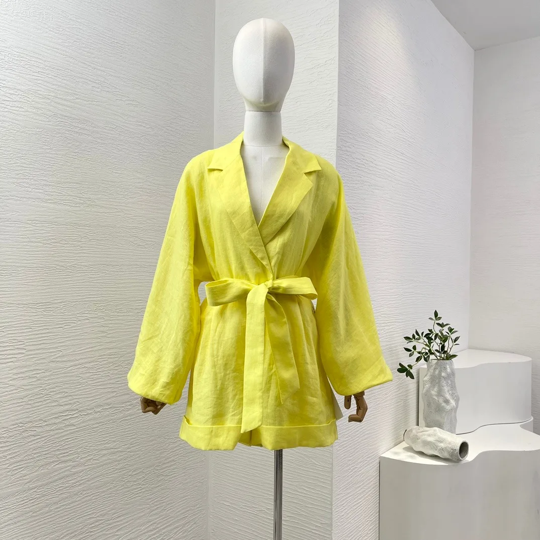 

Pure Linen Yellow Playsuit Long Sleeve Turn Down Collar High Quality Chic Elegant Jumpsuit 2024 New Arrivals